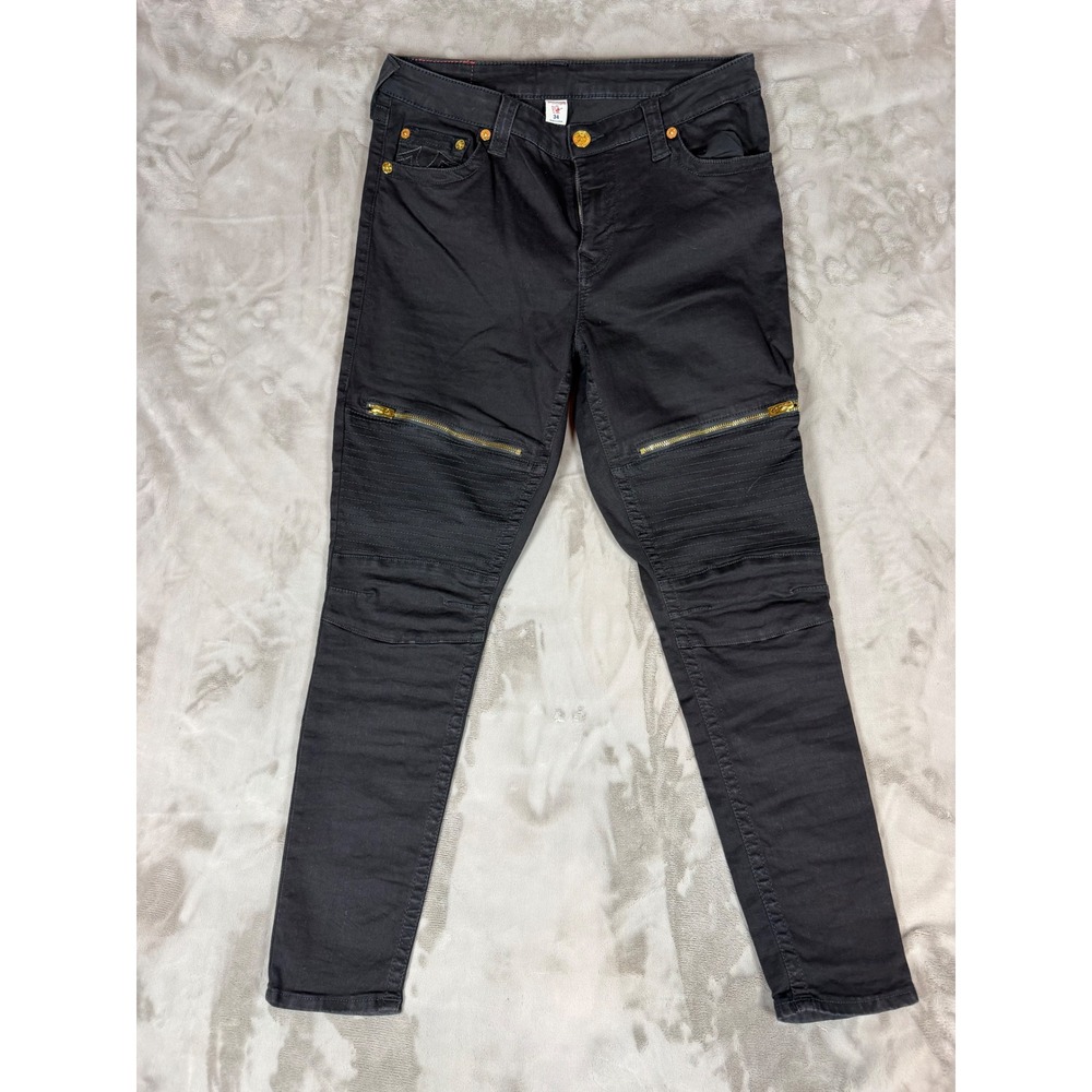 True Religion Mens Section Moto Black Biker Jeans Gold Zip Size 34
